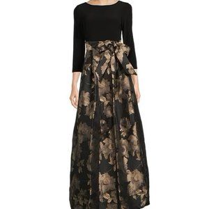 Jessica Howard Floral Print Knit Jersey Boat Neck 3/4 Sleeve Metallic Jacquard